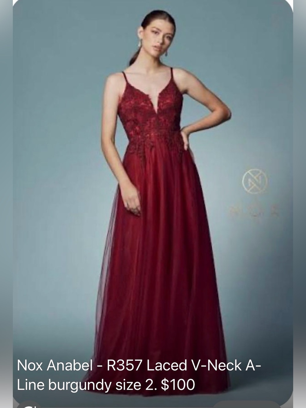 Nox Anabel Burgundy Lace V-Neck A-Line Prom Dress